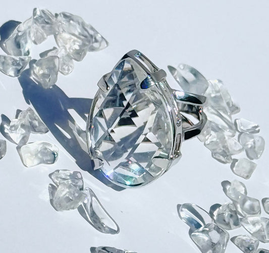 Statement/ Adjustable Ring - Clear Quartz in Rhodium Finish - LIMITED EDITION