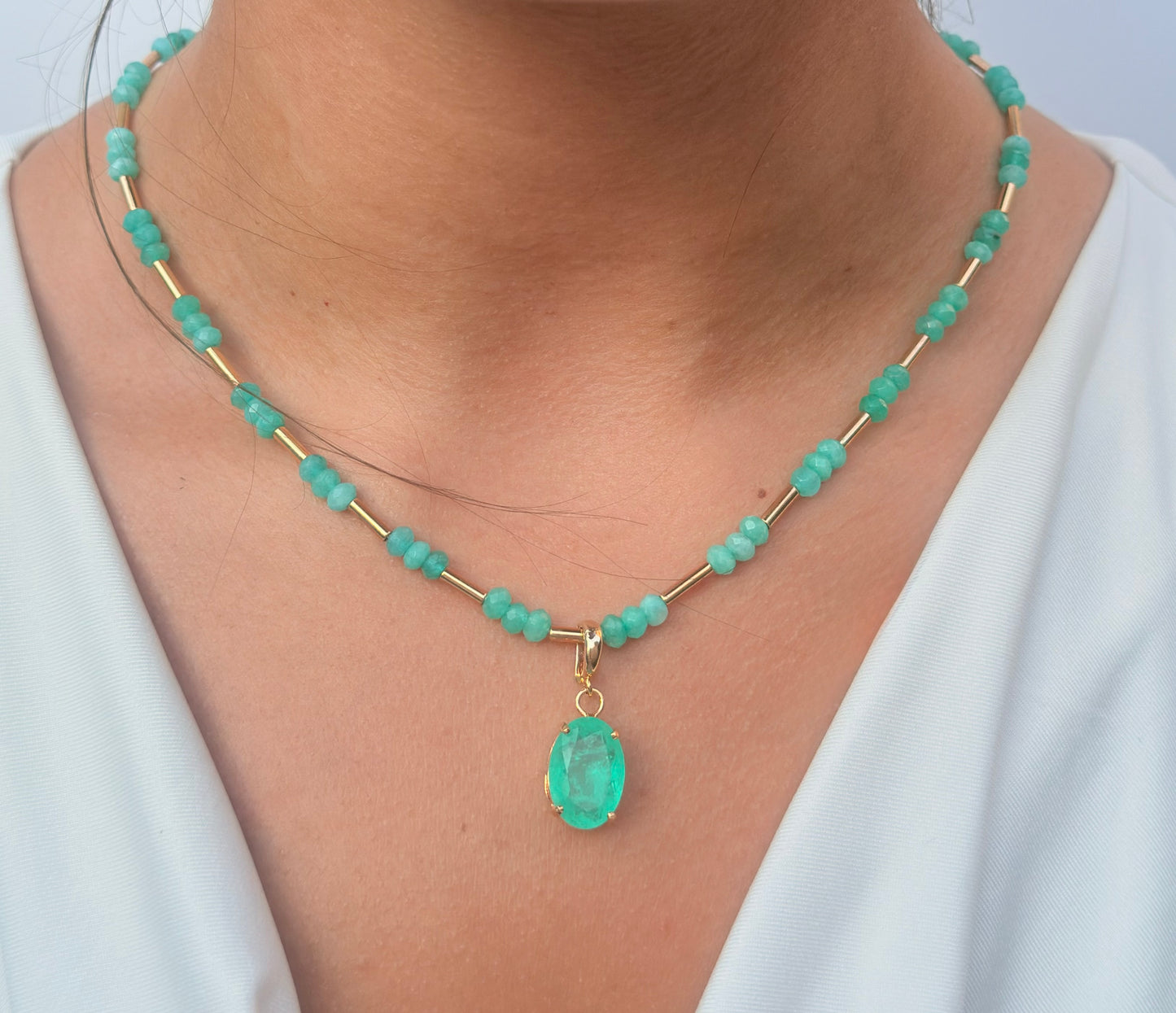 Beaded Green Quartz with Gold Tubes Necklace LIMITED EDITION