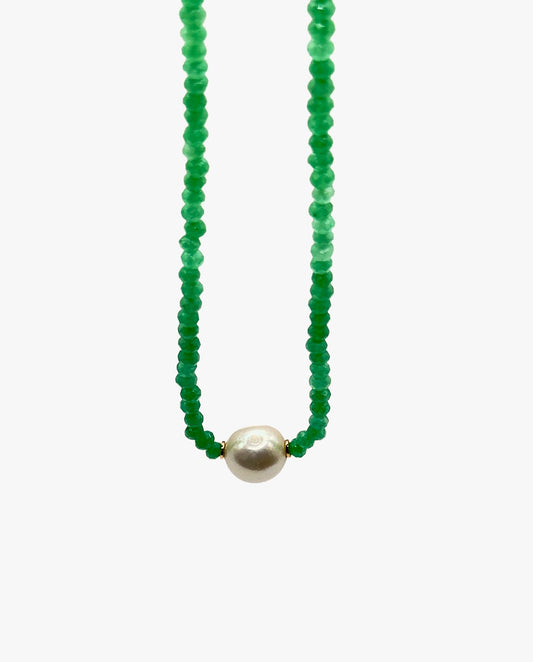 Green Quartz Beaded Necklace with Freshwater Pearl Accent - LIMITED EDITION