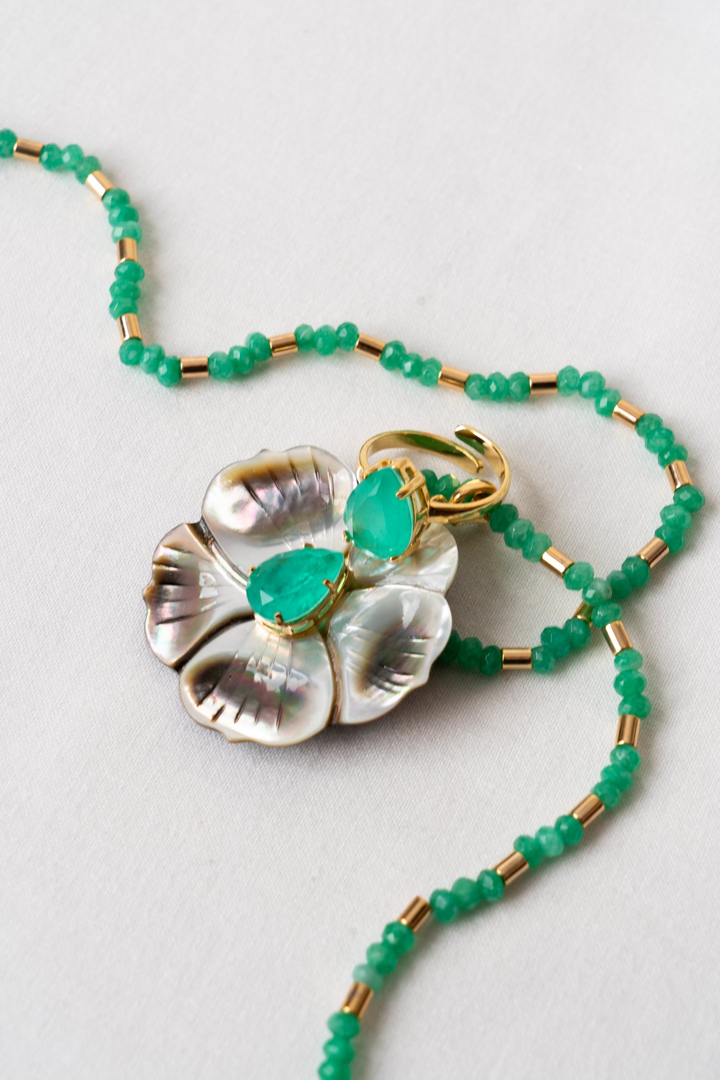 Beaded Green Quartz with Gold Tubes Necklace LIMITED EDITION