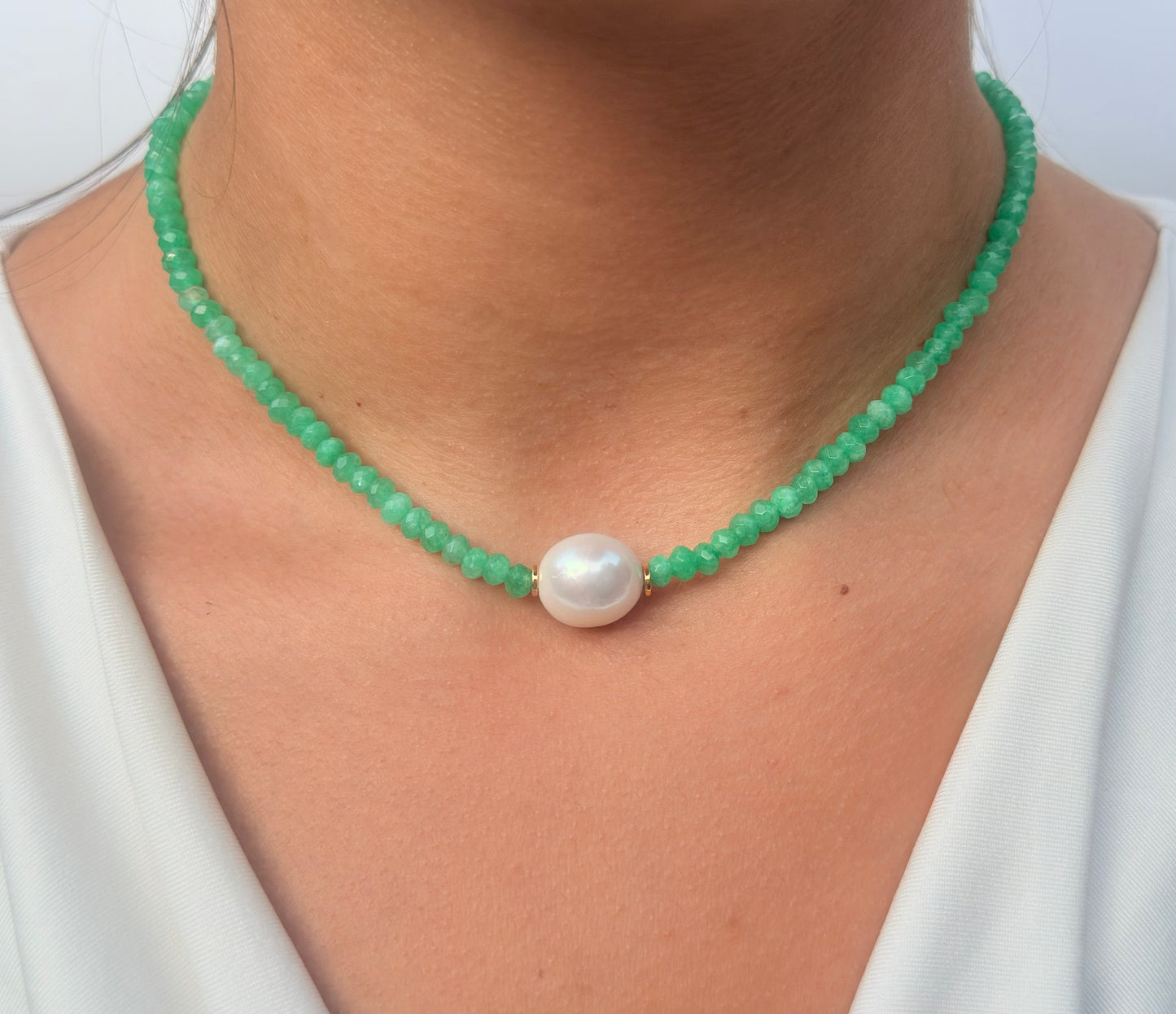 Green Quartz Beaded Necklace with Freshwater Pearl Accent - LIMITED EDITION