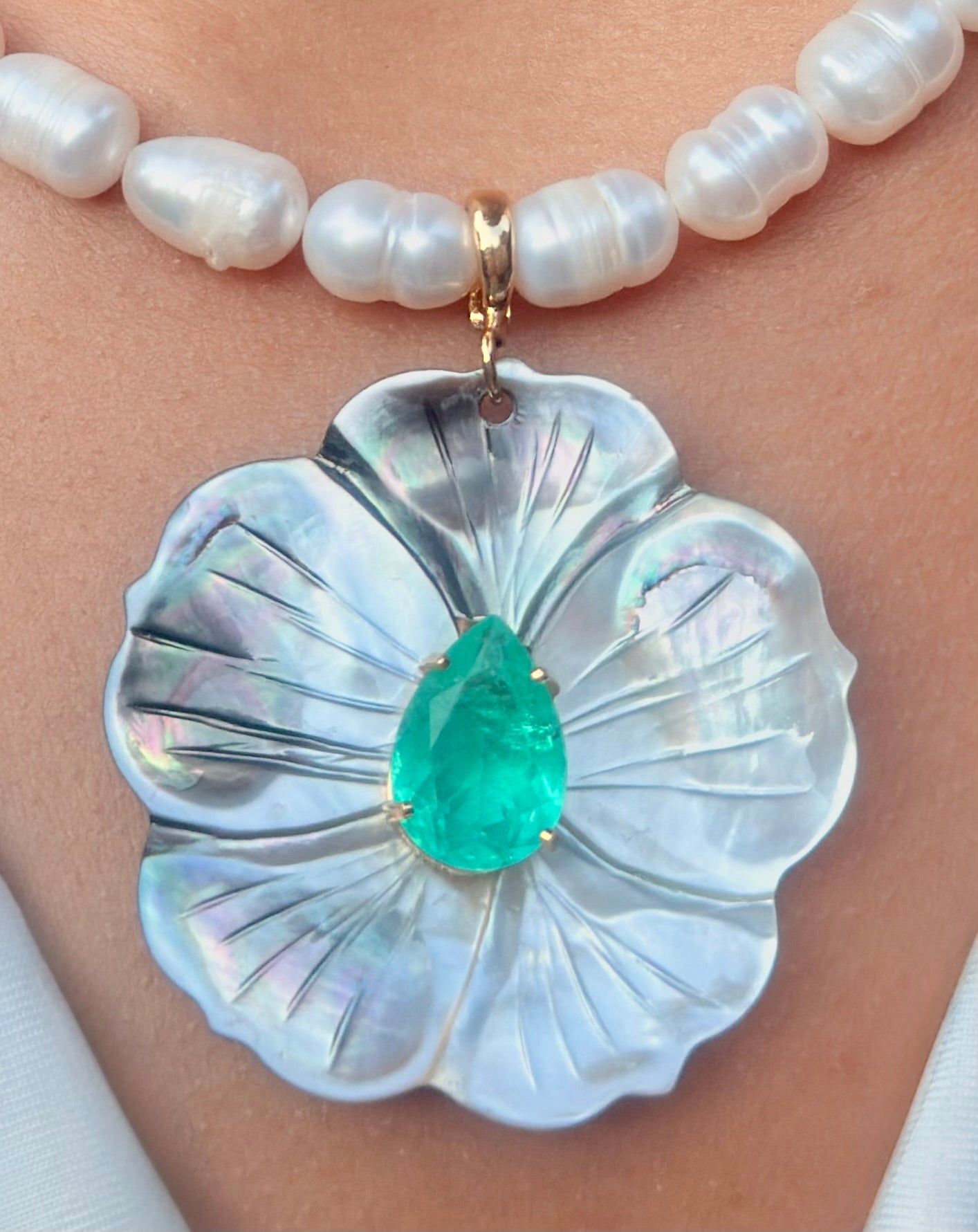 Flower  Pendant - Green Quartz & Mother-of-Pearl - LIMITED EDITION