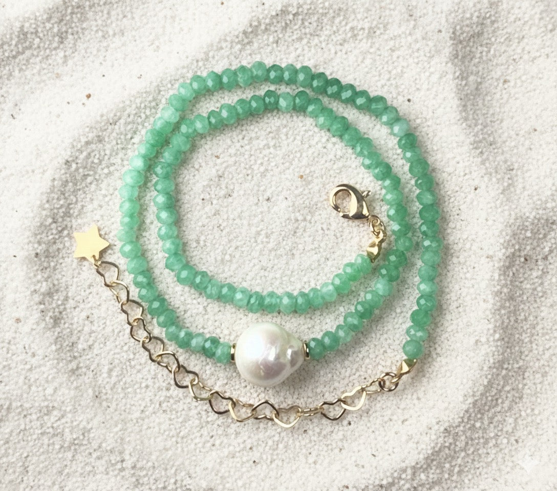 Green Quartz Beaded Necklace with Freshwater Pearl Accent - LIMITED EDITION