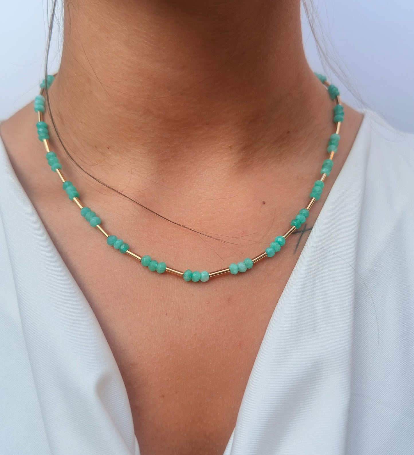Beaded Green Quartz with Gold Tubes Necklace LIMITED EDITION