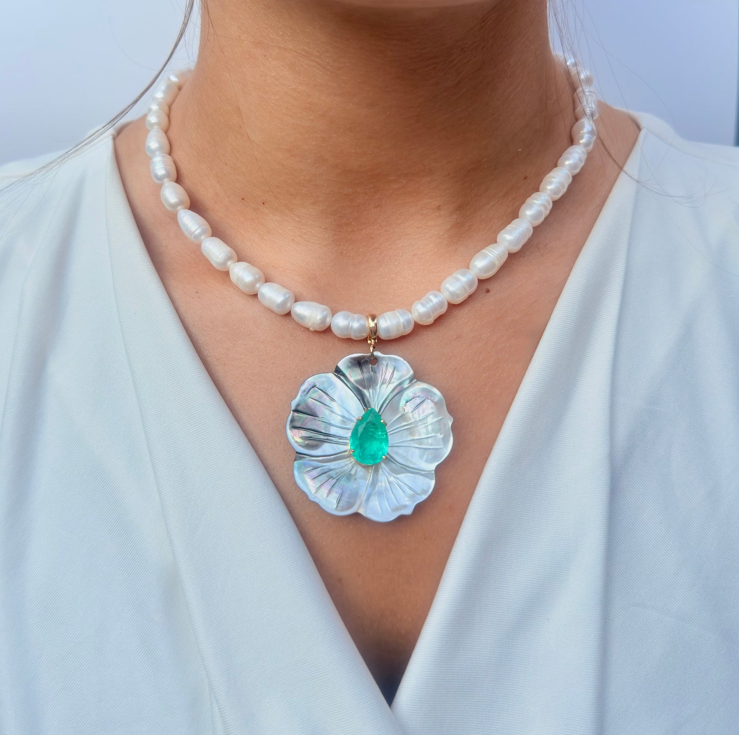 Flower  Pendant - Green Quartz & Mother-of-Pearl - LIMITED EDITION