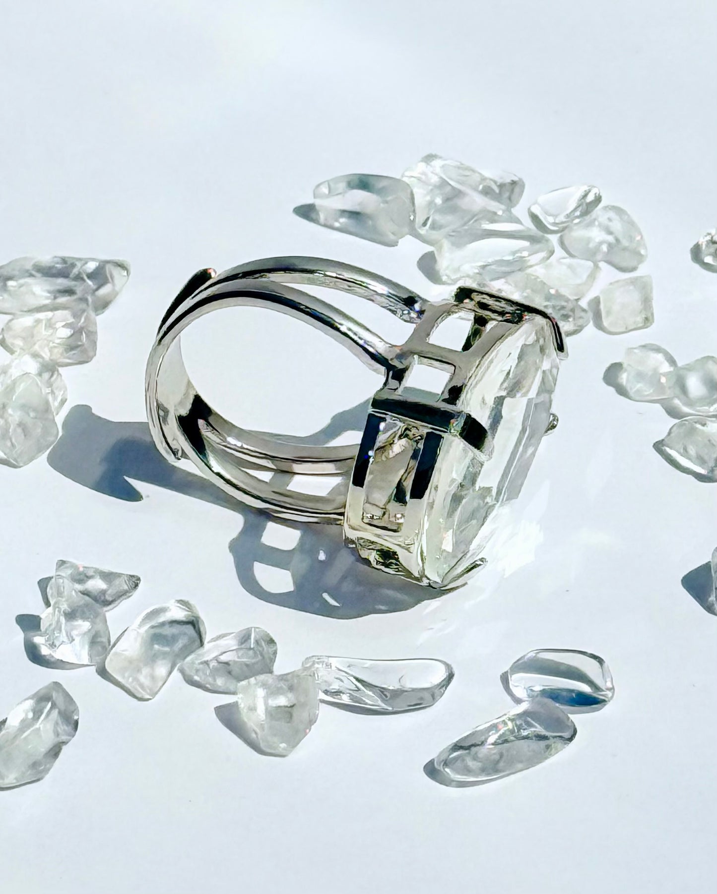 Statement/ Adjustable Ring - Clear Quartz in Rhodium Finish - LIMITED EDITION