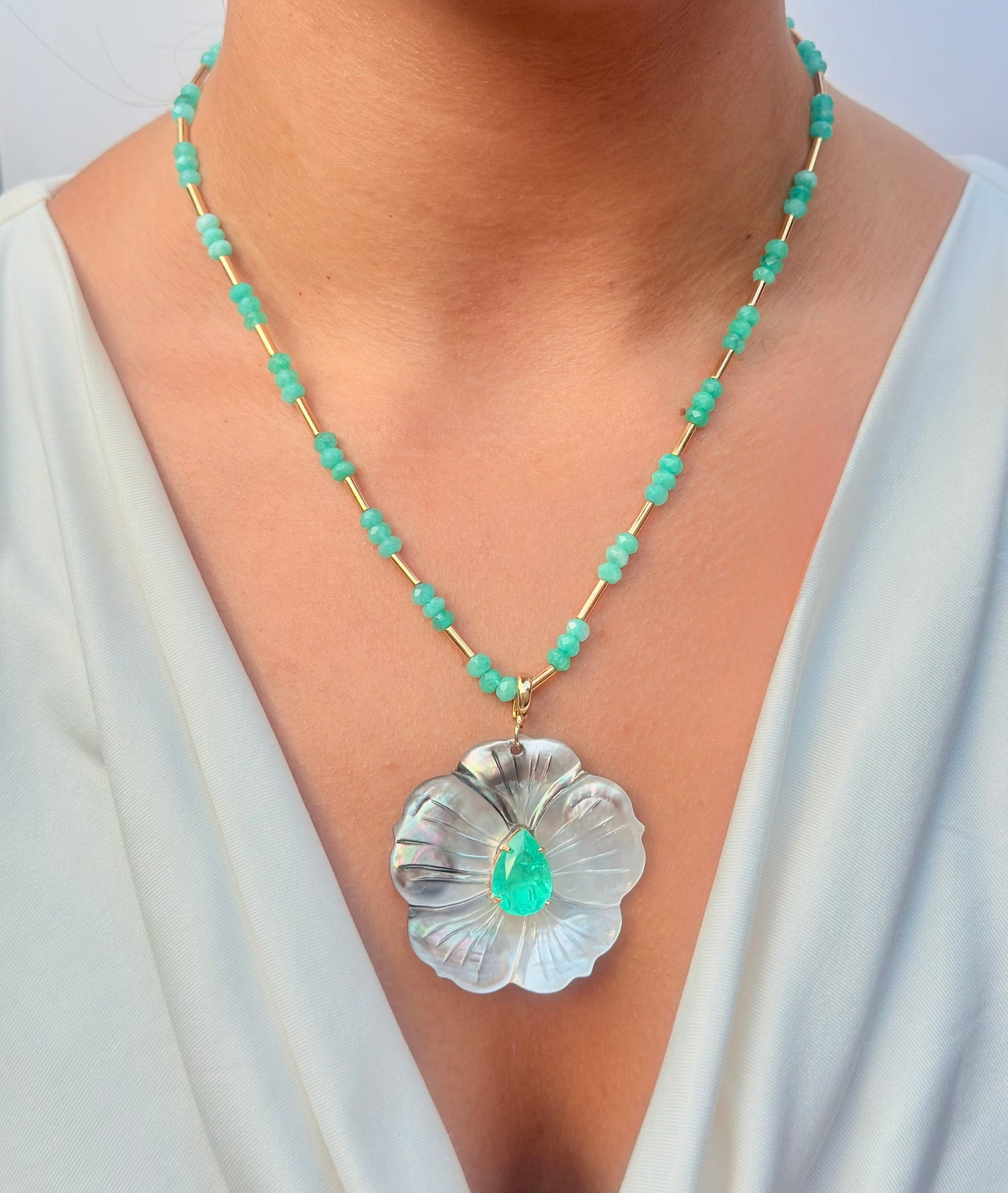 Beaded Green Quartz with Gold Tubes Necklace LIMITED EDITION