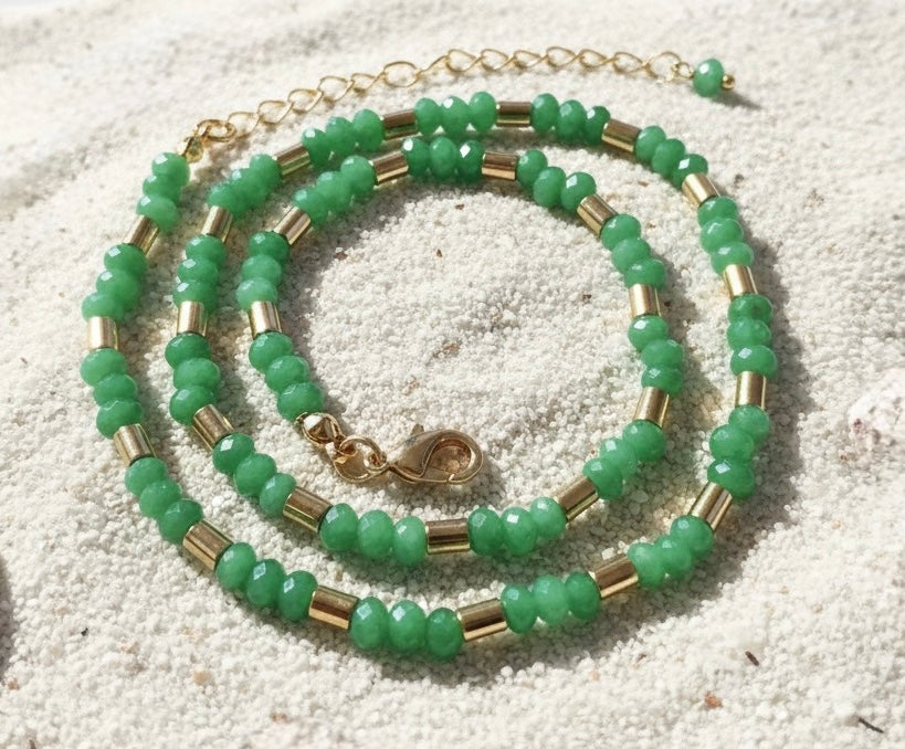 Beaded Green Quartz with Gold Tubes Necklace LIMITED EDITION