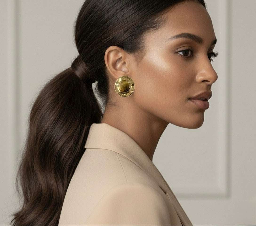 Statement/Organic  Tiger Eye Stud Earrings - LIMITED EDITION