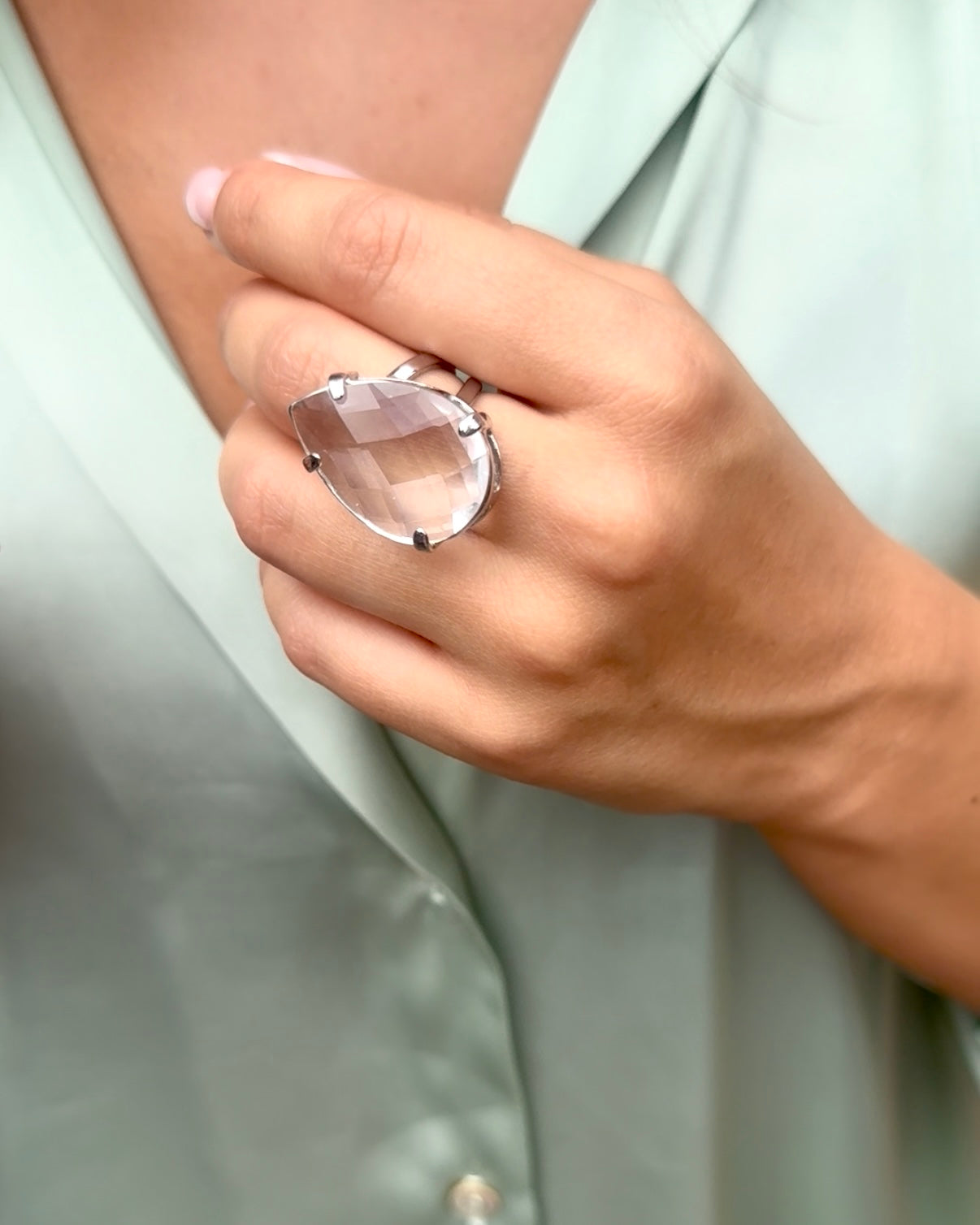 Statement/ Adjustable Ring - Clear Quartz in Rhodium Finish - LIMITED EDITION
