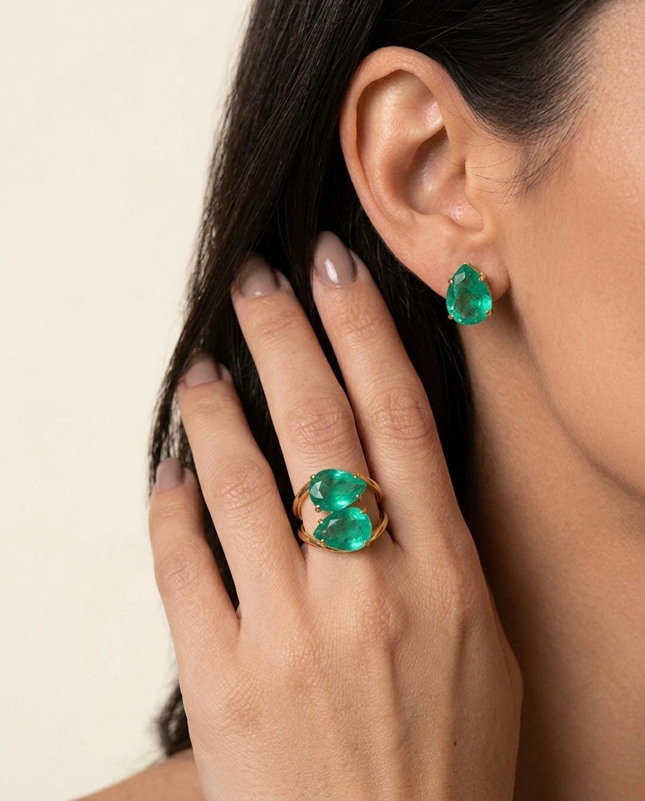 Double Green Quartz Ring – 18k Gold - Plated | Bonita Jewels of Brazil - Bonita Jewels of Brazil