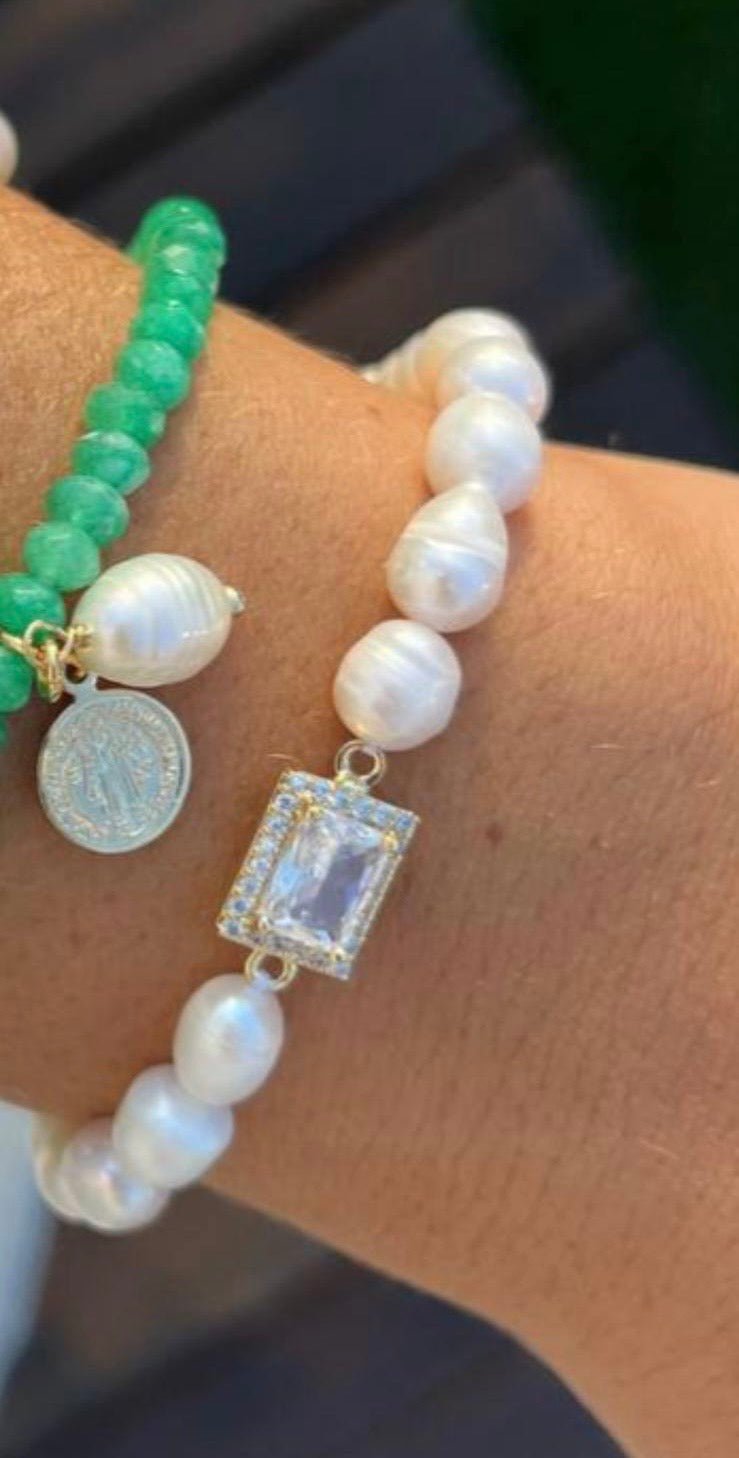 Freshwater Pearl & Baguette Crystal Bracelet – 18k Gold - Plated | Bonita Jewels of Brazil - Bonita Jewels of Brazil