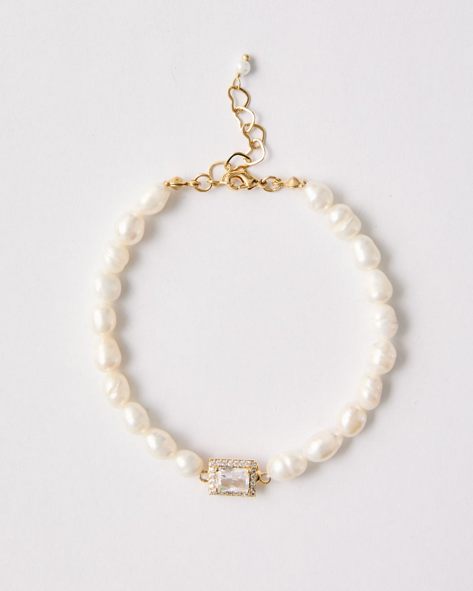 Freshwater Pearl & Baguette Crystal Bracelet – 18k Gold - Plated | Bonita Jewels of Brazil - Bonita Jewels of Brazil