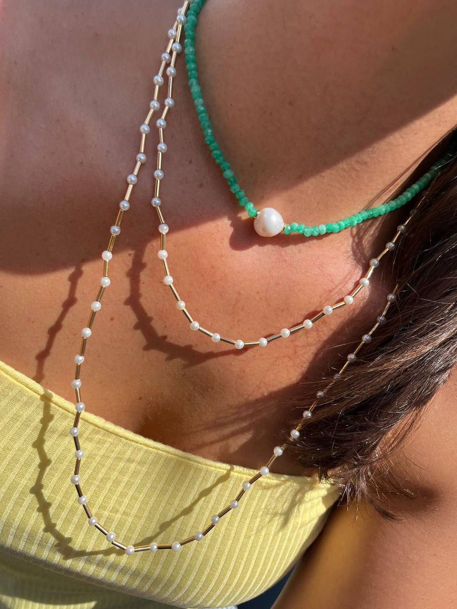 Green Quartz & Freshwater Pearl Beaded Necklace – 18k Gold - Plated | Bonita Jewels of Brazil - Bonita Jewels of Brazil