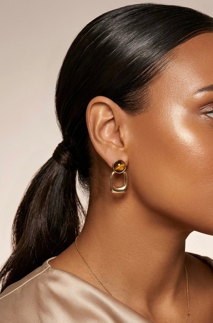Tiger Eye Drop Earrings – 18k Gold - Plated | Bonita Jewels of Brazil - Bonita Jewels of Brazil