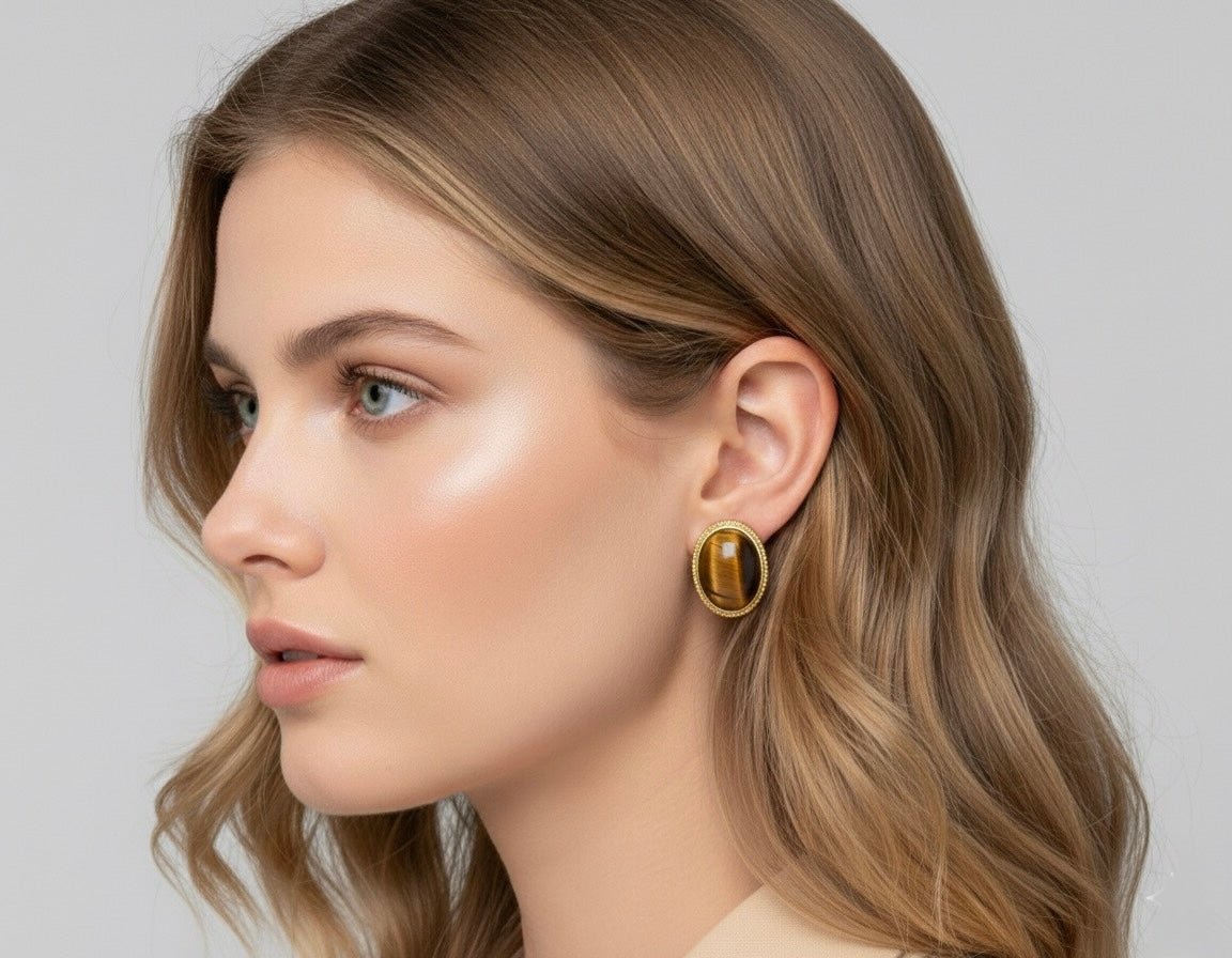 Tiger Eye Stud Earrings – 18k Gold - Plated | Bonita Jewels of Brazil - Bonita Jewels of Brazil
