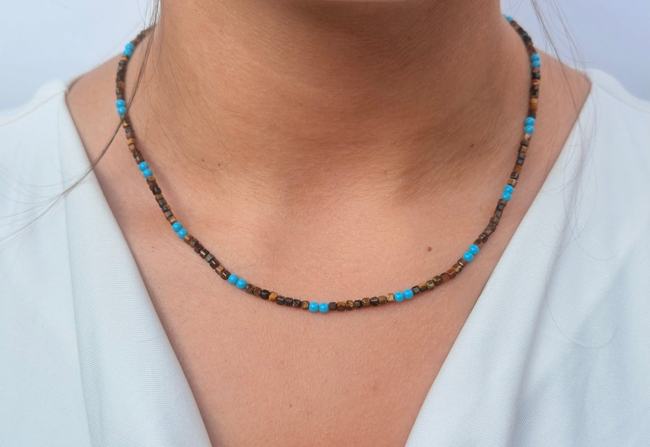 Tiger Eye & Turquoise Mini Bead Necklace – 18k Gold - Plated | Bonita Jewels of Brazil - Bonita Jewels of Brazil