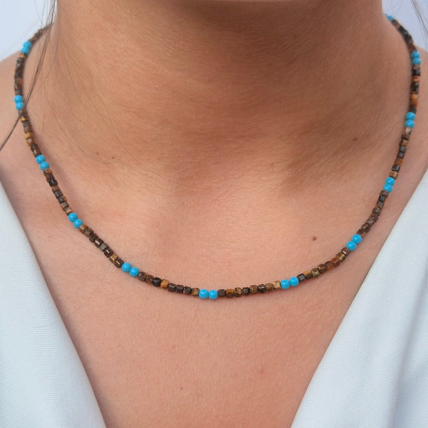 Tiger Eye & Turquoise Mini Bead Necklace – 18k Gold - Plated | Bonita Jewels of Brazil - Bonita Jewels of Brazil
