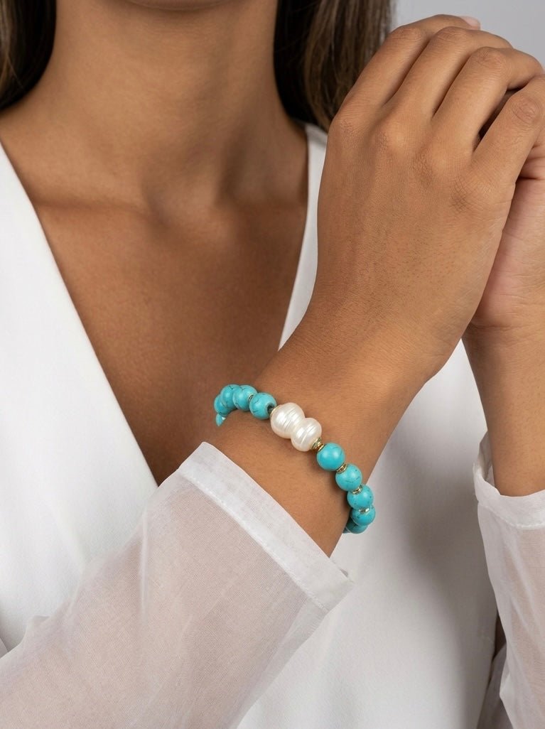 Turquoise & Freshwater Pearl Bracelet – 18k Gold - Plated | Bonita Jewels of Brazil - Bonita Jewels of Brazil