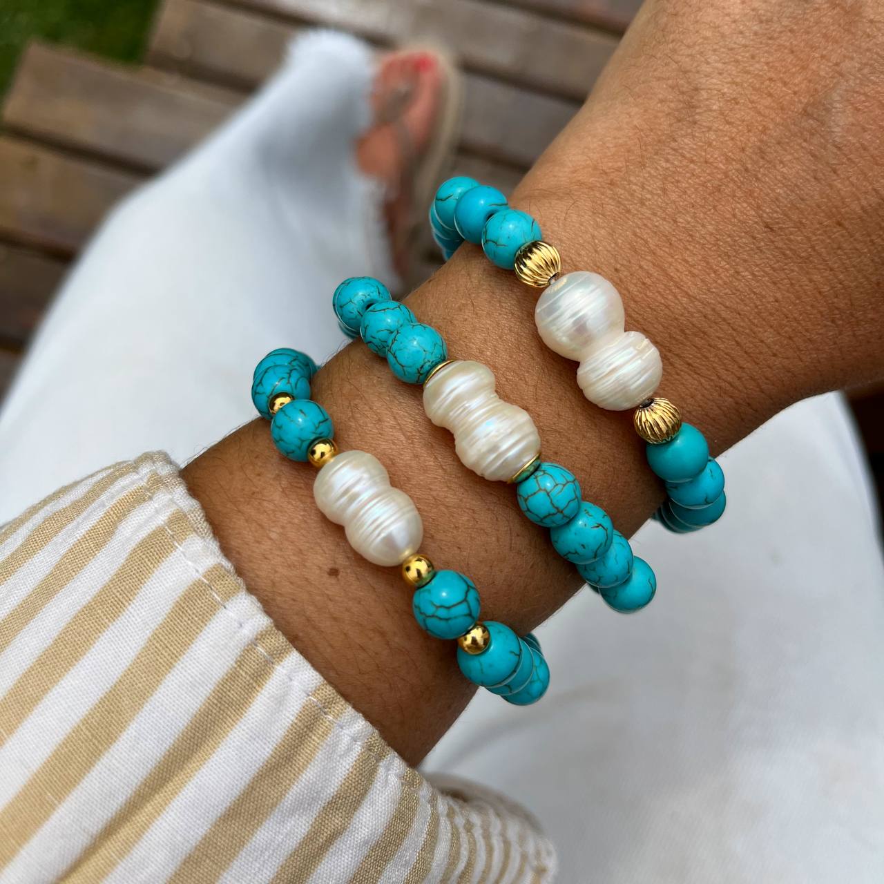 Turquoise & Freshwater Pearl Bracelet – 18k Gold - Plated | Bonita Jewels of Brazil - Bonita Jewels of Brazil